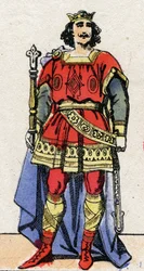 Carolingian dynasty: Portrait of Louis II the Begue (846-879), King of the Franks from 877 to 879. Epinal imaging from the end of the 19th century. Private collection.