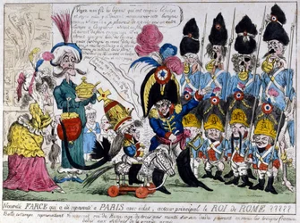 Cartoon about Napoleon I and his son, the King of Rome: the latter on his rocking horse reviews the troops of the French army with his father. 19th century French print.