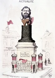Cartoon of Courbet in statue on the truncated base of the Vendôme column