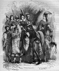 Case of the Tower of Nesle: Princess Marguerite of Burgundy (1290-1315) and her two sisters (Jeanne and Blanche) accused of adultery. Engraving in 