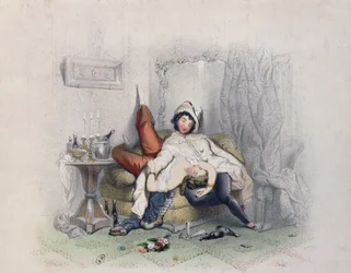 Champagne & Love, an Amorous Couple Fallen Asleep After Their Sixth Bottle of Champagne, Engraved by Bettannier Freres, Paris, 1852