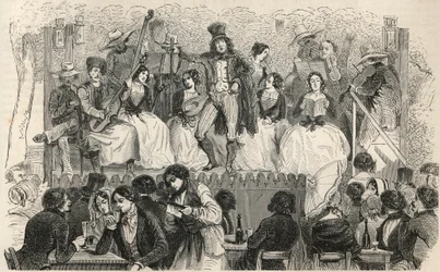 Champs-Elysees - Singers in Front of the Cafe Morel - Engraving in 