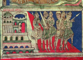 Charlemagne leaving Aachen to travel to Santiago de Compostela, miniature from the 