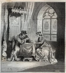 Charles VI and Odette de Champdivers - King Charles VI of France, known as Charles the Good Aime, then Charles the Fol with his mistress Odette de Champdivers playing cards engraving in 