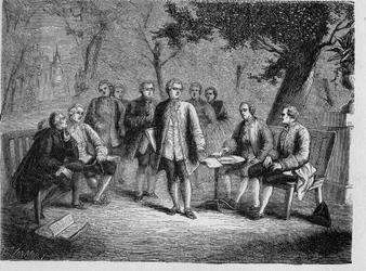Charles de Secondat Montesquieu with the scientific cenacle at Castle Clairac, France - Le cenacle scientifique du chateau de Clairac: Montesquieu et le baron de Secondat, son, le chevalier de Vivens, Romas et les brothers Dutilh - - in 