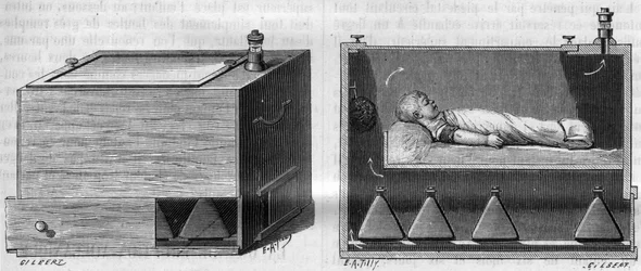 Child Incubator by Dr. Alfred Auvard (1855-1940), According to the Apparatus Used in the Maternity Ward, on the Left, External View, on the Right Inside View. in 