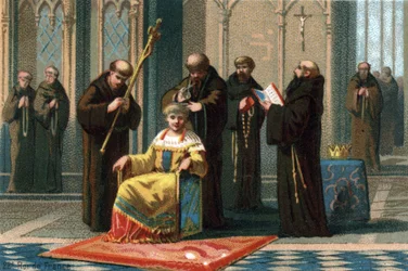 Childeric III, king from 742 to 752, in the monastery of Saint Bertin, near Saint-Omer, where he was locked up by the mayor of the Australian palace, Charles Martel, 737. Chromolithography around 1890