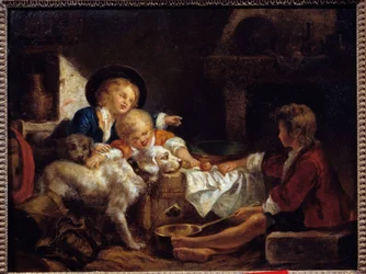 Three young children and two dogs in a barn. Painting of the French School. 18th century Private collection