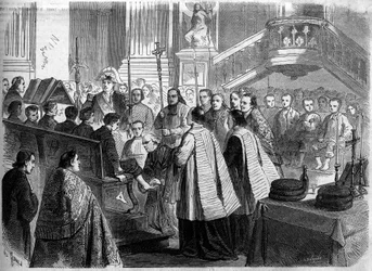 Christian Rite - Holy Thursday - 1860: the washing of the feet in the church of Saint Sulpice in Paris. Engraving in 