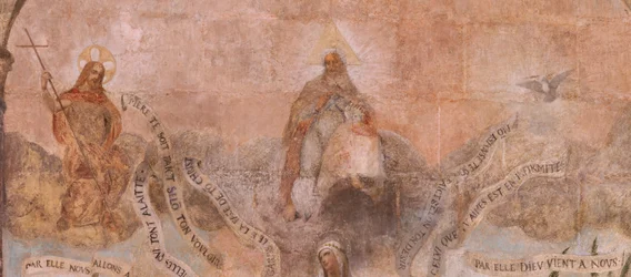 Church (Eglise Saint-Jean-Baptiste). Interior. Chapel Saint-Fursy. Mural paintings. The glorification of Mary. Begin 17th century
