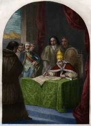 Clement XIV (Clemente or Clemens) (1705-1774) abolishing the Jesuit Society on 21 July 1773. Engraving from 1842 in “Histoire des popes: crimes, murders, poisonings, parricides, adulteres, incest...” by Maurice Lachatre. Private collection.