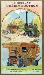Collectors card from Chocolat Guerin-Boutron depicting a steam threshing machine