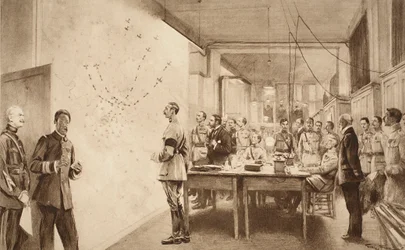 Commandant and Staff of the French Department of Aviation Marking the Progress of a Gotha Raid on Paris, 1914-19