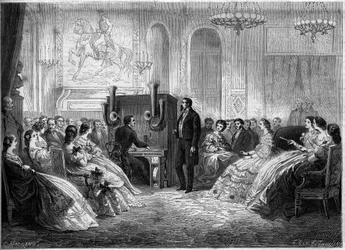Concert of piano electromotor orchestra, by its inventor J.B. Schalkenbach, in the presence of Napoleon III and Impress Eugenie de Montijo. Palais de Saint Cloud