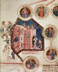 Construction site of the Tower of Babel in Babylon Page taken from the manuscript Genealogy de la Bible of the French school. 14th century Cremone, biblioteca governativa