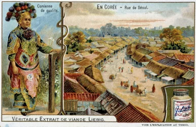 Korea: Seoul Street and female costume - chromo Liébig, c.1900