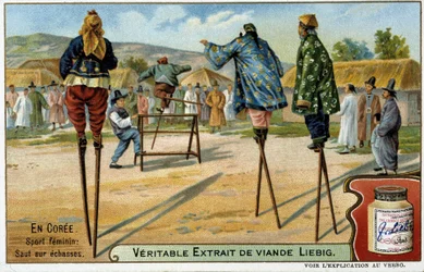 Coree: female sport of jumping on stilts - chromo Liebig, c.1900