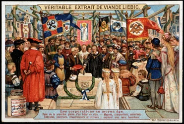 Corporations in the Middle Ages: laying the foundation stone of a town hall, masons, carpenters, locksmiths, cabinetmakers, roofers, boilermakers and glassmakers attend with their various banners