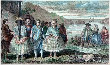 Costumes of the Inhabitants of La Conception (Chile) - Atlas du Voyage de La Perouse around the World During the Years 1785-1788, Paris 1797