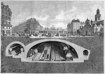 Cross section representing the underground railway project in Paris, from the Vilette to the central halls, in 1861. Engraving in 