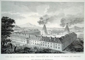 Crystal works of Queen Marie Antoinette at Creusot near Moncenis in Burgundy. Engraving from 1787