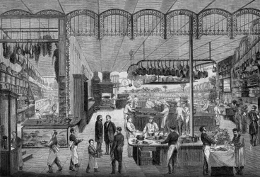 Cooks and waiters at work in the kitchens of Cafe Riche, Paris, in 1866. Engraving in "Le Monde Illustre" No. 499 of 3 November 1866.