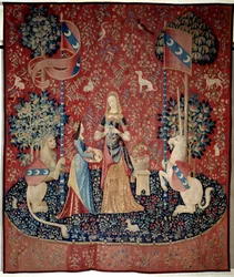 Curtain of the Lady to the Unicorn: allegory of smell. A young woman holding a crown of carnations, surrounded by a lion, a unicorn, a monkey, rabbits
