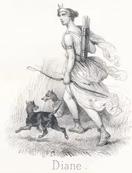 Diana: Twin sister of Apollo. In heaven, she was Phebe or Moon, tasked with illuminating the earth. In Hell, she was Hecate and presiding over the judgments of souls. On earth, she was Diana, goddess of hunting