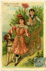 Children in a Cart Accompanied by a Dog. Postcard Beginning of the 20th Century