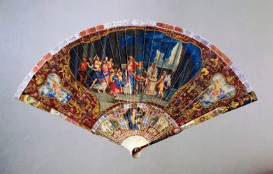 Damaged Vernis Martin-style Hand Fan Depicting Wedding of Nobility
