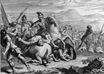 Death of Alaric II, 507: Clovis I, king of the Franks, killing Alaric II, king of the Visigoths, at the Battle of Vouille in 507. Engraving of the 18th century