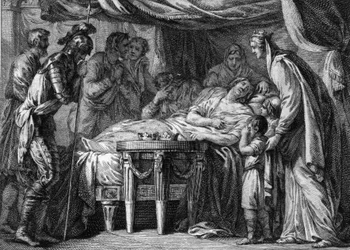 Death of Childebert II (570-596), king of Neustria, Orleans and Burgundy, as a result of poisoning. 596. Engraving of the 18th century