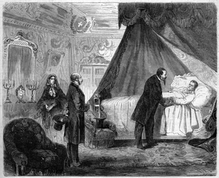 Death of the Count of Cavour, 6 June 1861: King of Italy Victor Emmanuel II visiting Camillo Benso, Count of Cavour (1810-1861), the day before his death. Engraving in 