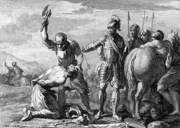 Decapitation of Syagrius, 486: execution of Roman General Siagrius defeated in the Battle of Soissons by the troops of Clovis 1. Engraving of the 18th century