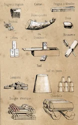 Description of the various products and uses of the cow: all kinds of objects made from the cow, combs, games and boxes made of horn and bone, candles and follow-ups. Plate 