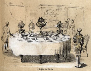 Description of the various stages of manufacture and uses of clay: the use of clay in rich interiors, a table with porcelain tableware. Plate 
