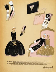 Design for a Black Velvet Dress and Accessories with Two Dolls, Les Idées Nouvelles