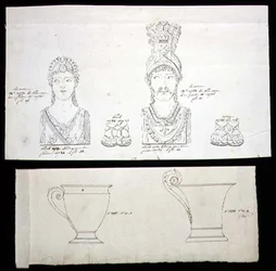 Designs for gilt bronze ormolu furniture mounts and French Empire porcelain cups, c.1820
