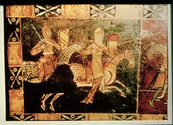 Detail from a wedding chest depicting soldiers going to war (detail)