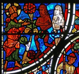 Detail from a Window Depicting the Parable of the Good Samaritan: God Confronts Adam and Eve