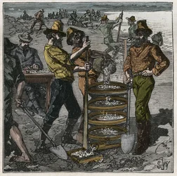 Diamond washing in South Africa in the 19th century. Engraving from 1885 in 