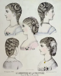 Different hairstyles, plate from Le Moniteur de la Coiffure, 1880