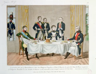 Dinner in Tilsit between Frederick William III of Prussia, Tsar Alexander I of Russia and Napoleon, who raises a toast to the Queen of Prussia, 3rd June 1807