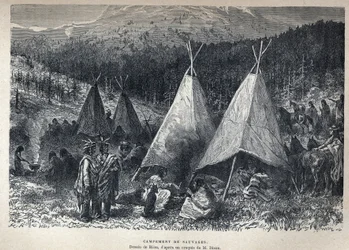 Discovery of Canada: American Indian Camp with teepees. Drawing by Riou from a sketch by Dixon. In La Nouvelle France by Eugene Guenin.