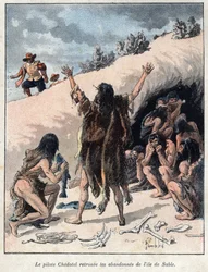 Discovery of Canada: the pilot Alexis Chedotel finds the crew abandoned by Troilus du Mesgouez known as Marquis de la Roche on the sandy island in 1578. Engraving from the end of the 19th century in 