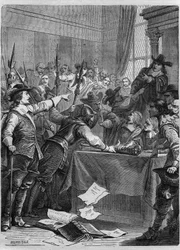 Dissolution of Parliament by Oliver Cromwell (1599-1658) British military and politician who ruled England. Engraving in 