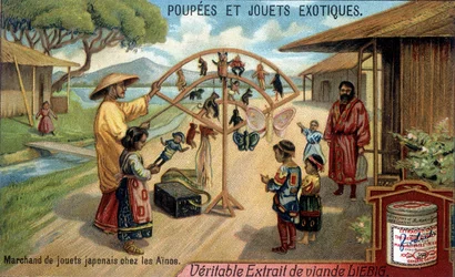 Dolls and exotic toys: Japanese toy dealer in the Ainu tribe of Chishima. Chromolithography of Liebig products