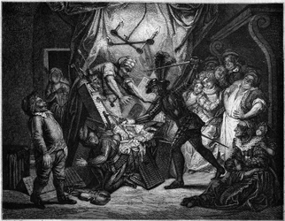 Don Quixote fights the puppets he thinks are Moors. Engraving by V. Beauce after the painting by Charles Antoine Coypel (1694-1752), illustrating the novel by Cervantes (1547-1616). In "Le Magasin pittoresque"