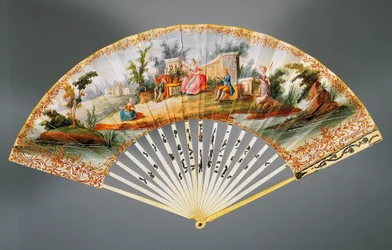 Double Leaf Hand Fan Painted with Pastoral Scene