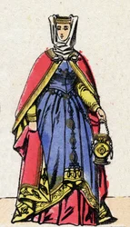 Dynasty of the Capetians: Portrait of Isabella of Aragon (1247-1271), Queen of France, wife of Philip III known as the Hardi (1245-1285). Epinal imaging from the end of the 19th century. Private collection.